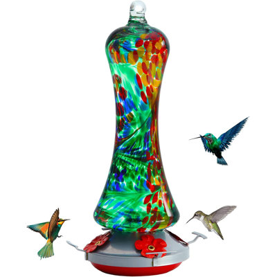Mangeoire en verre pour colibris pour l'extérieur: cadeau de colibris suspendus à l'épreuve des fuites pour les femmes - fossé de fourmis et crochet de suspension inclus, base en métal avec 4 ports d'alimentation et perchoir, 20 oz liquide, meilleure décoration de jardin