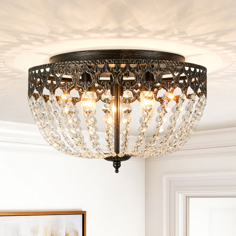 Plafonnier semi-encastré traditionnel à 3 lumières avec perles en cristal