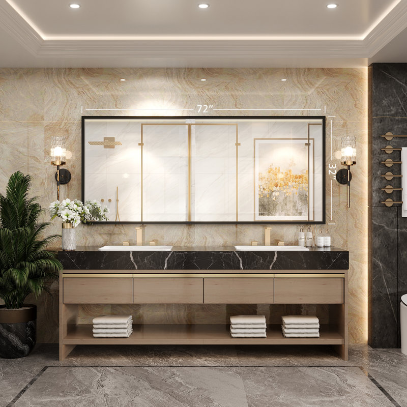 Molly Tempered Glass and Metal  Alloy Square-Corner Framed French Cleat Mounted Wall Bathroom / Vanity Mirror, 72" x 32"