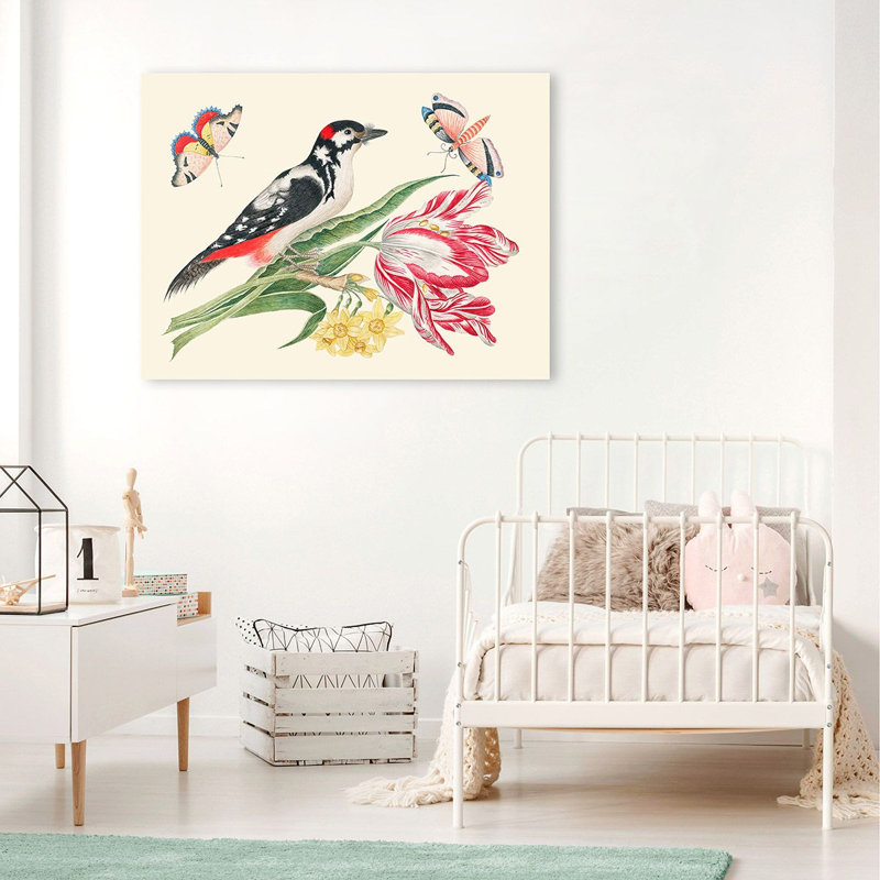 A Bird On Tulip Stem With Daffodils by Anonymous - Wrapped Canvas Art Prints, 50cm H x 70cm W x 4cm D