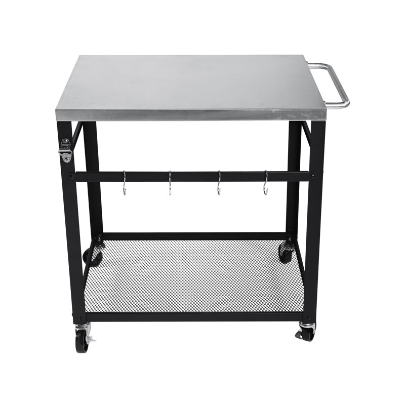 2-Tier Outdoor Grill Cart With Stainless Steel Top, Locking Wheels & Tool Hooks, Movable BBQ Prep Table With Mesh Shelf, Rolling Serving Bar Cart For Patio, Backyard, Pizza Oven Stand, Black