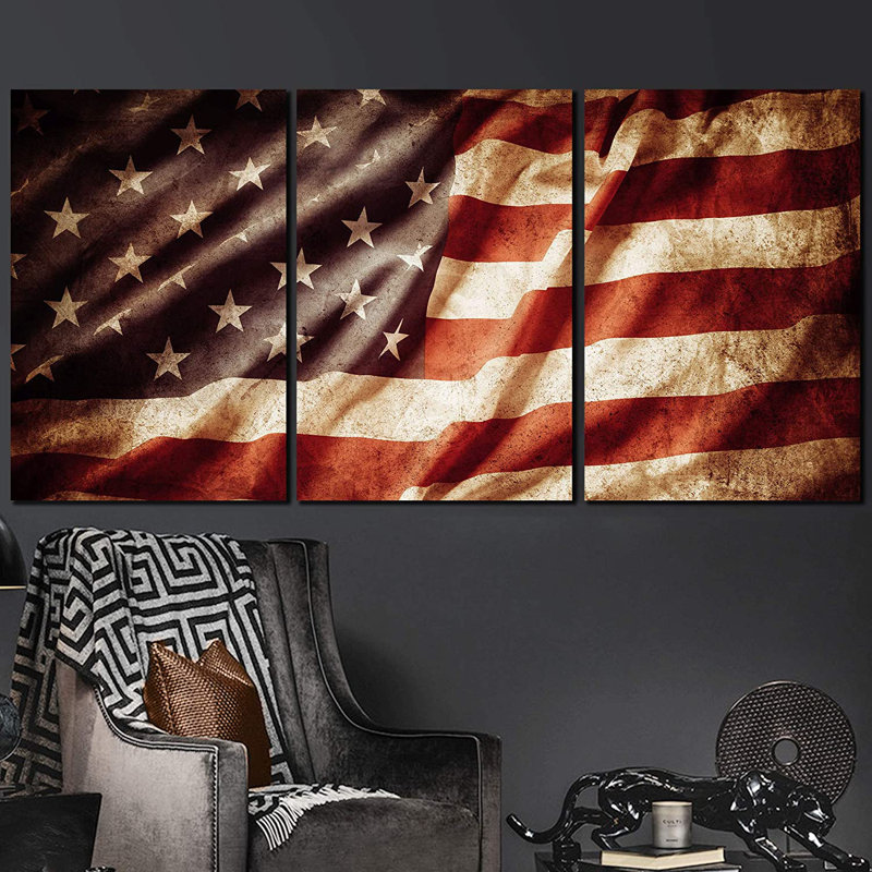 Drapeau américain rétro rétro grunge - impression sur toile tendue 3 pièces, H 36 po x l 72 po x P 1,5 po