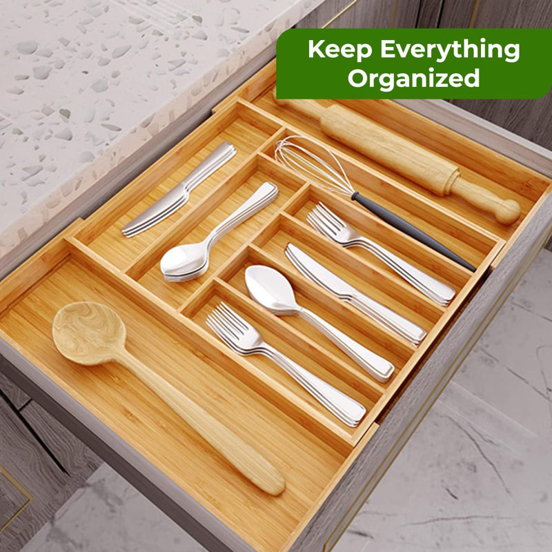 MantraRaj Drawer Organiser Expandable Bamboo Cutlery Tray Kitchen Drawer Divider 7 to 9 Compartment