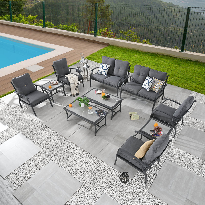 Outdoor 10-Piece Metal Loveseat Conversation Set, Dark Gray