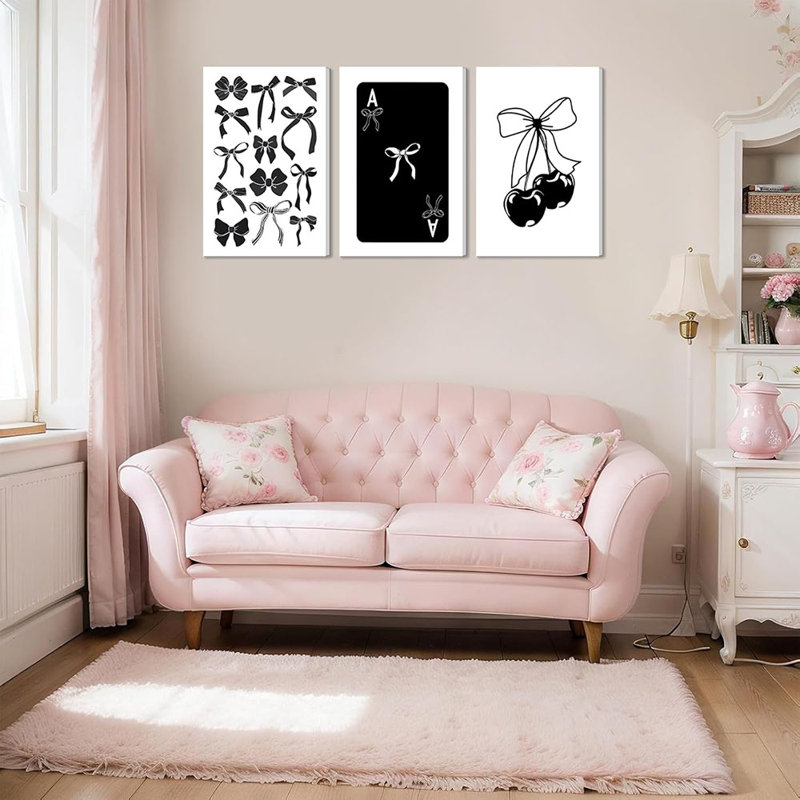 3Pcs Fashion Black Bow Canvas Wall Art Funky Aesthetic Cherry Poker Picture Painting Trendy Preppy Aesthetic Wall Decor Artwork For Room Dorm Apartment Bedroom Decorations