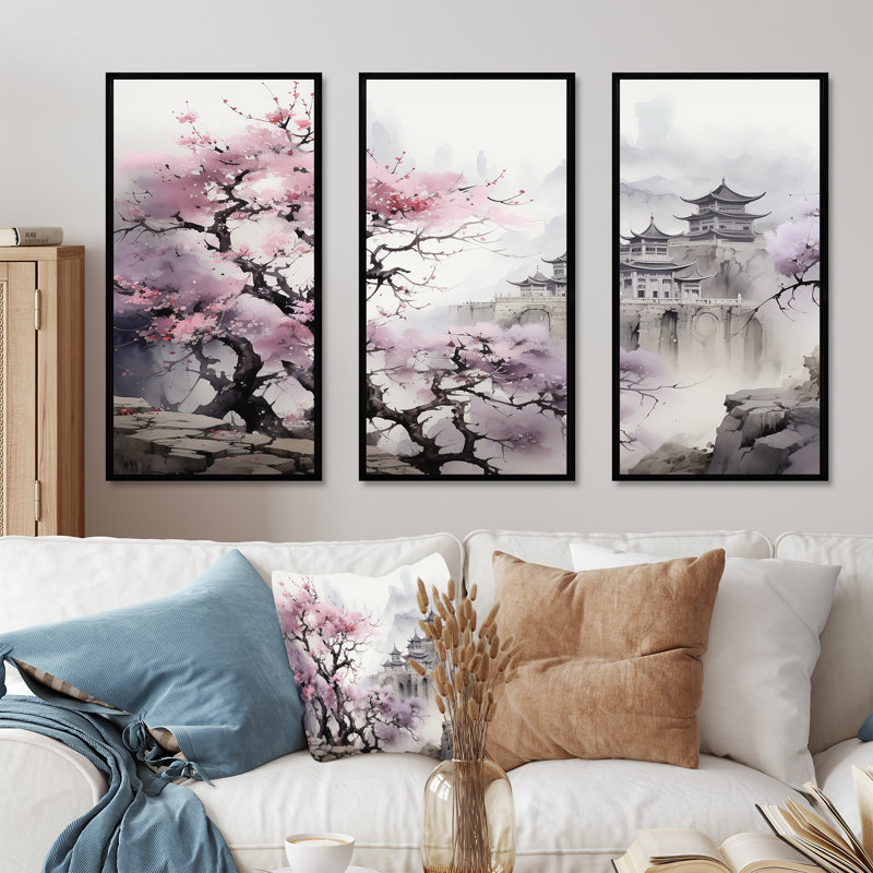 Rose, paysage floral japonais, paysage I - Japon, art mural, H 28 po x l 36 po x P 1 po, Cadre flottant noir