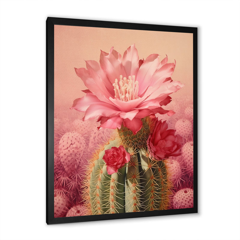 Cactus rose vert, collage minimal sur toile, H 32 po x l 24 po x P 1 po, Cadre photo noir
