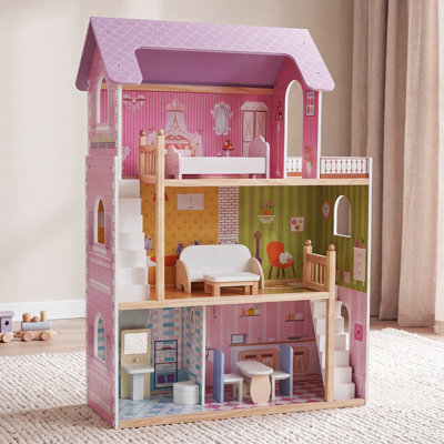 EDUBEBO Wooden Dollhouse for 12 Inch Dolls, 3 Storey Large Doll House for Girls Toy Playhouse, Toddler Pretend Play House Townhouse Playset with Furniture Accessories, Gift for Kids Ages 3+
