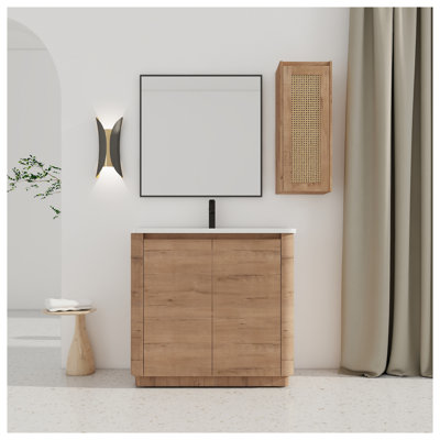 36" Freestanding Bathroom Vanity with Ceramic Sink and Two Soft-Close Drawers, Imitation Oak Finish
