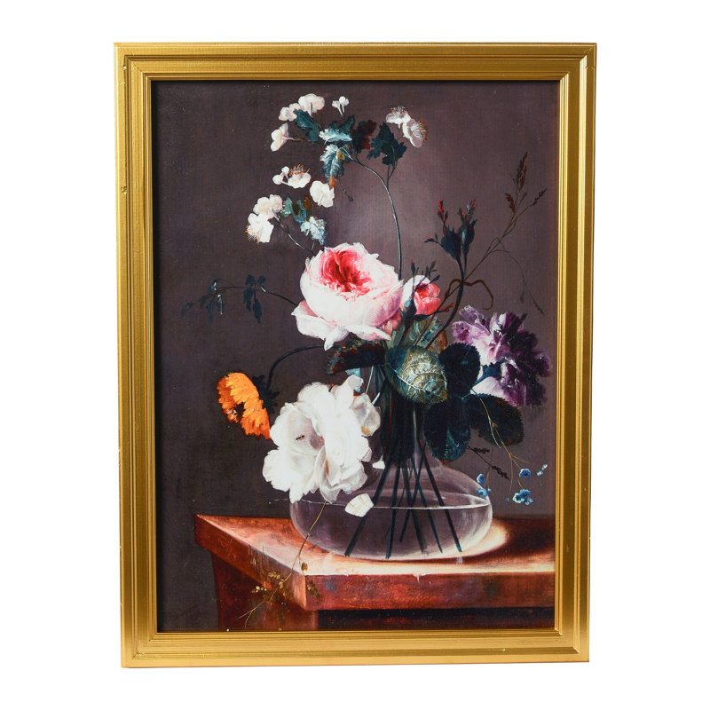 Reproduction rétro nature morte florale avec cadre en bois massif
