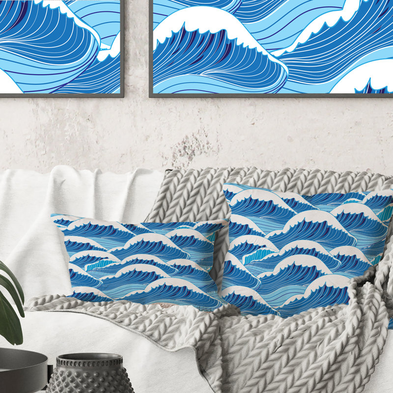 Coussin décoratif abstrait à motif de vagues bleu marine clair, 16 po x 16 po