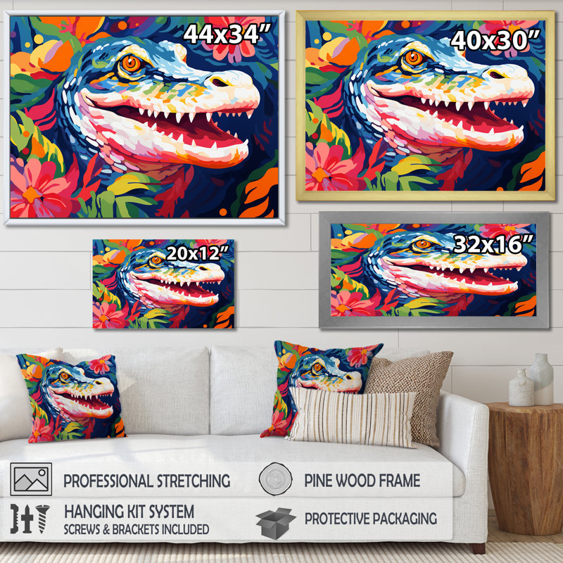 Popart alligator I, art mural crocodile, H 34 po x l 44 po x P 1,5 po, Cadre d'angle fermé noir
