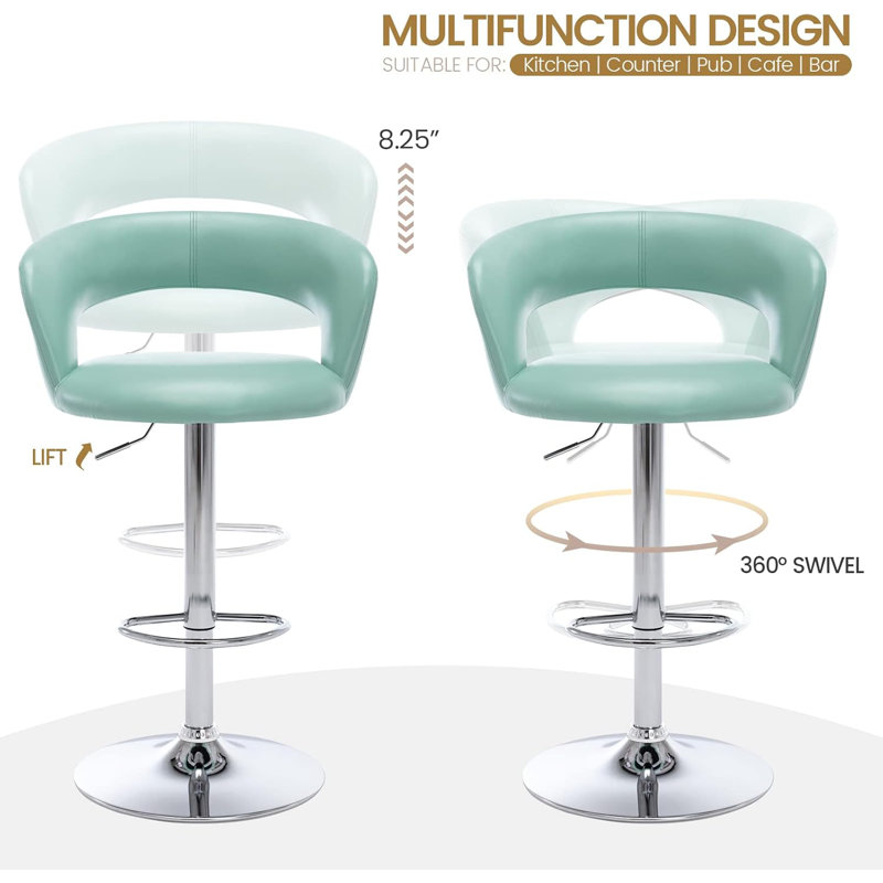 Modern PU Leather Swivel Adjustable Barstool with Hollow Back and Arms, Upholstered Airlift Counter Height Bar Chair for Kitchen Dining
