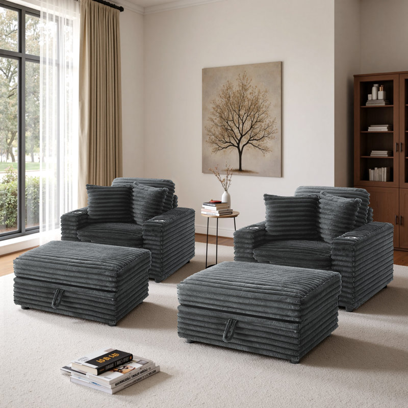 Upholstered Armchair with Footstool, Dark Grey