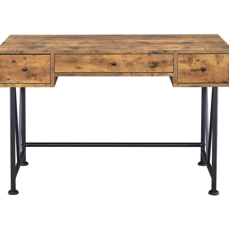Bureau rustique antique couleur muscade et noir, 3 tiroirs de rangement pour bureau à domicile, bureau brun 3 pièces avec accents, espaces élégants