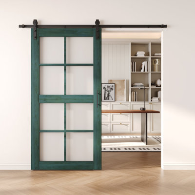 Homacer Royal Pine 36in x 80in 8-Lite Glass Design Unassembled & Finished Barn Door with Hardware Kit, interior use only