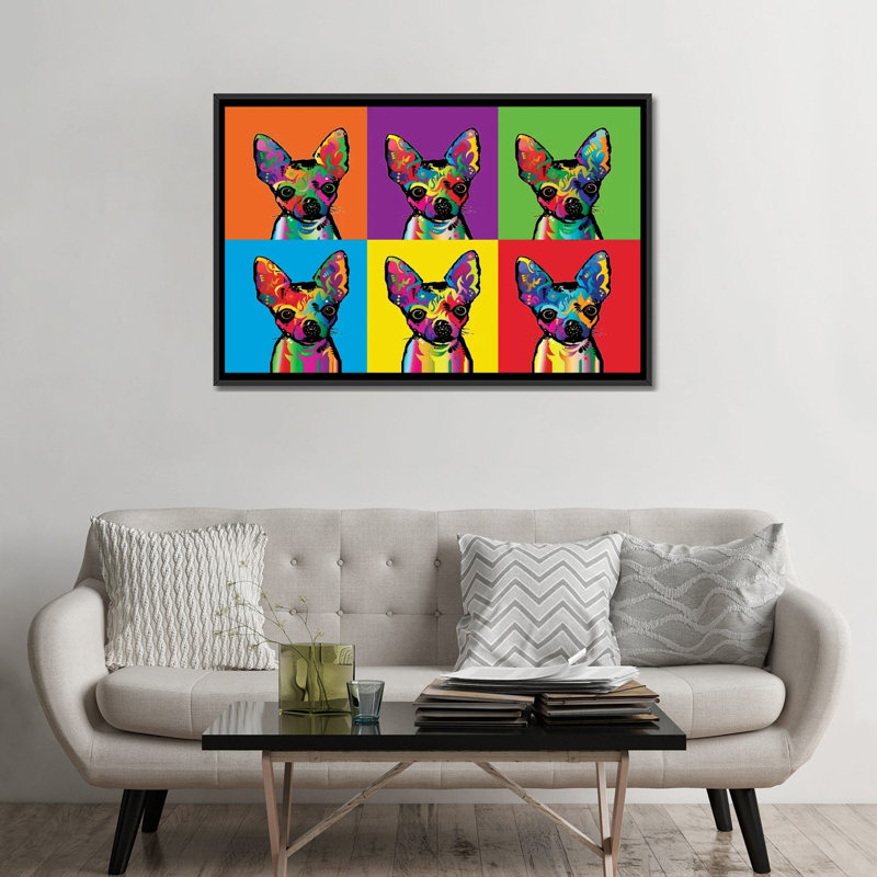 Chihuahua arc-en-ciel, impression sur toile tendue, H 32 po x l 48 po x P 1,5 po, Toile avec cadre noir, Pas de tapis