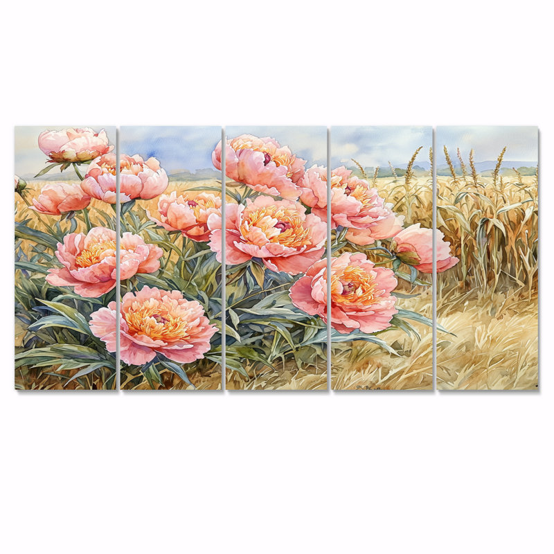Pivoines de campagne le long du champ de maïs I - Pivoines - Art mural traditionnel pour le salon, H 32 po x l 80 po, 5