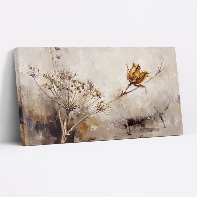 Bouton de fleur séché et tête de graine sur toile beige en impasto, art mural d'Halloween, 58“W x 28”H