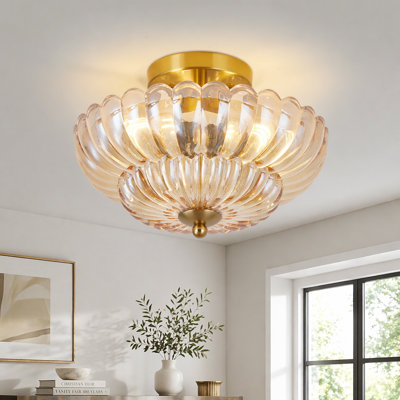 Vintage 11.8-Inch 3-Light Semi Flush Mount Ceiling Light with Flower Glass for Hallway Living Room Kitchen Bedroom Bathroom