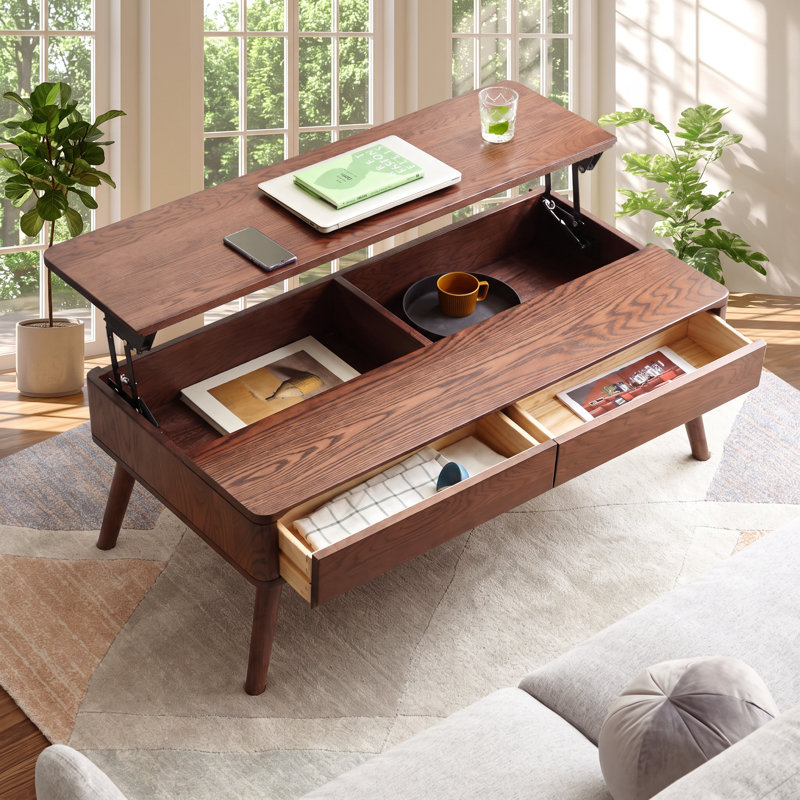 Table basse relevable en chêne massif YESWOOD, dimensions : 120 cm (L) x 65 cm (P) x 45 cm (H).