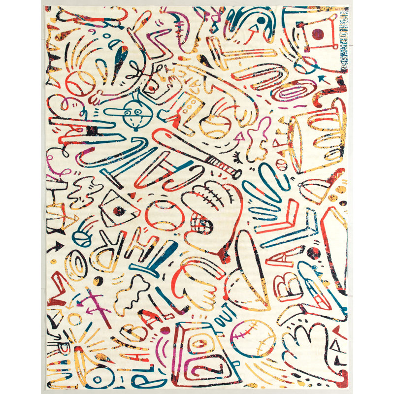 Sportsglyphs II by Katie Merz Dugout Chalk Ivory Baseball Machine Washable Area Rug, Rectangle 5' x 7'