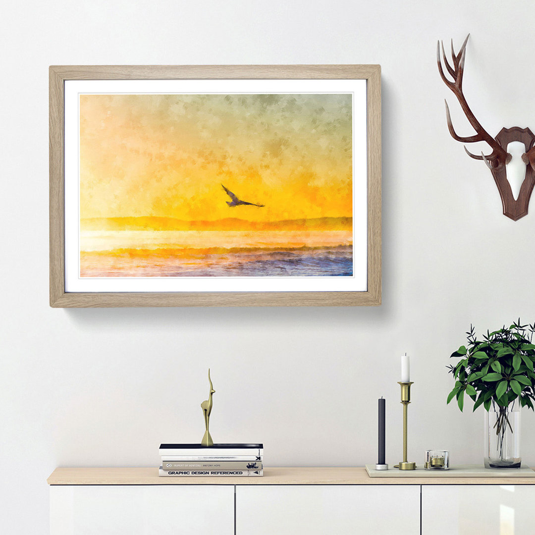 Seagull Flying over the Beach - Framed Print