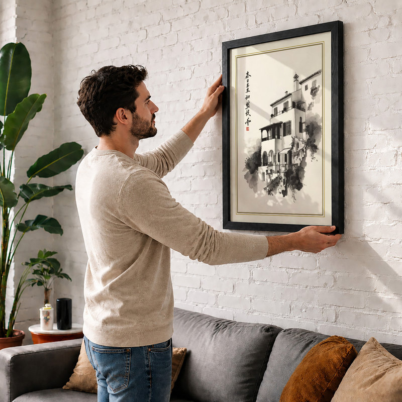 Classical Tower In Mist Japandi - Print, Walnut, A1 - 84.1 x 59.4 cm