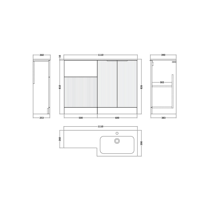 Hudson Reed Fluted 1100mm Right-Hand 2 Door Satin Grey Floor Standing Combination Unit With Stone Basin, Satin White