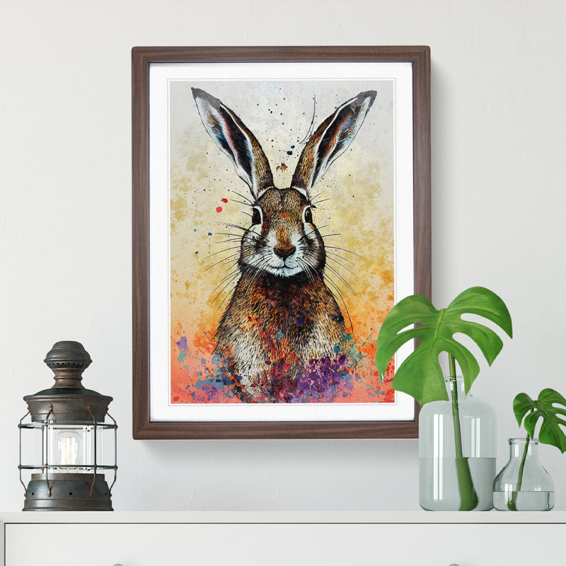 Colourful Watercolour Hare No.1 - Single Picture Frame Print, 34cm H x 25cm W x 2cm D, Walnut
