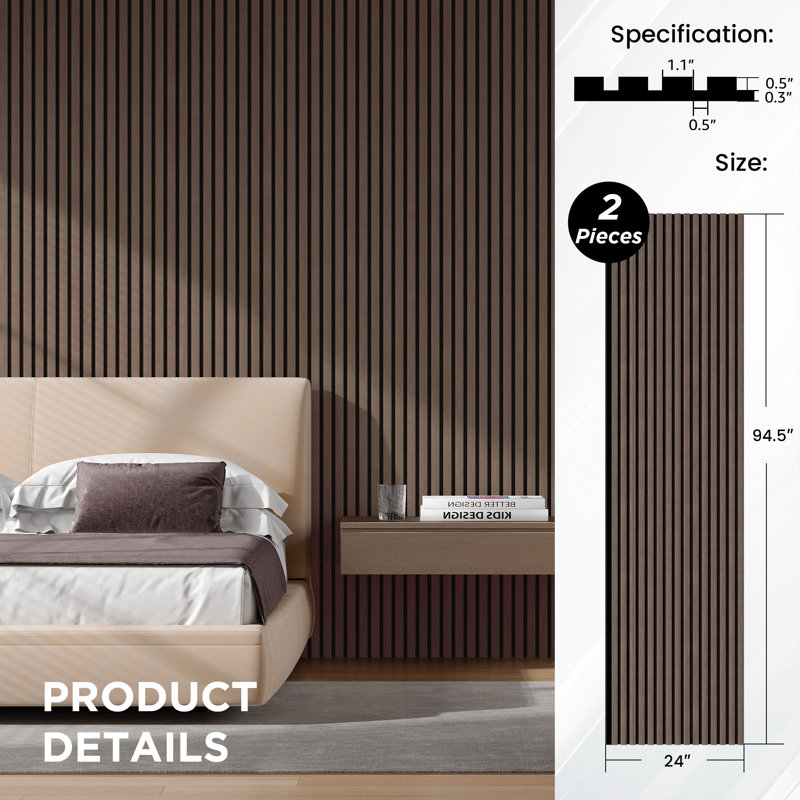 2 PCS x 94''L x 24"W Acoustic Slat Wall Panels, Eco-Wood Look for Home/Office Wall & Ceiling, Black Walnut