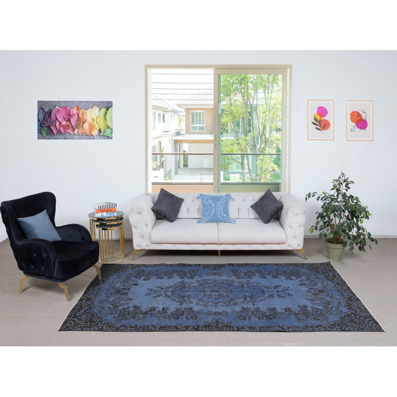 Tapis turc de couleur bleue fait à la main 5,3 x 9,7 pi avec motif de médaillon