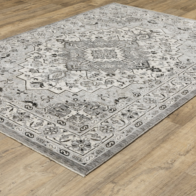 Tapis gris / ivoire Aldred Compass Medallion, Rectangle 9 pi 10 po x 12 pi 10 po