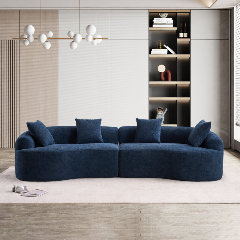 Boneless Curved Living Room Chenille Compression Sofa, Antique Blue