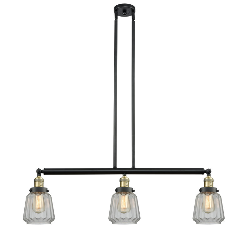 Luminaire suspendu pour îlot de cuisine 3 lumières Lemmons, Transparent, Laiton antique noir, Ampoule non incluse