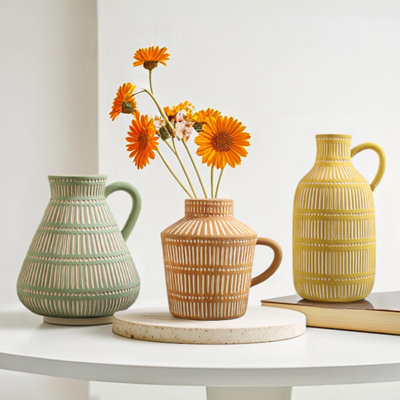 Ensemble de 3 vases en céramique - vases modernes jaunes, bruns et verts peints à la main pour la décoration intérieure, la ferme, les centres de table de bureau, parfaits pour les fausses fleurs ou plantes, style rustique rétro