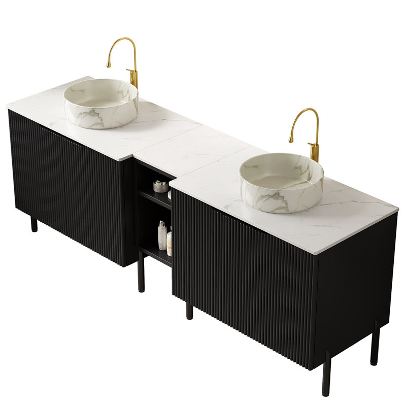 Meuble-lavabo double autoportant 72 po avec lavabo 72 po, 2 armoires de rangement rayées 30 po + tablette ouverte amovible 12 po, 2 vasques rondes en pierre avec comptoir blanc Carrara