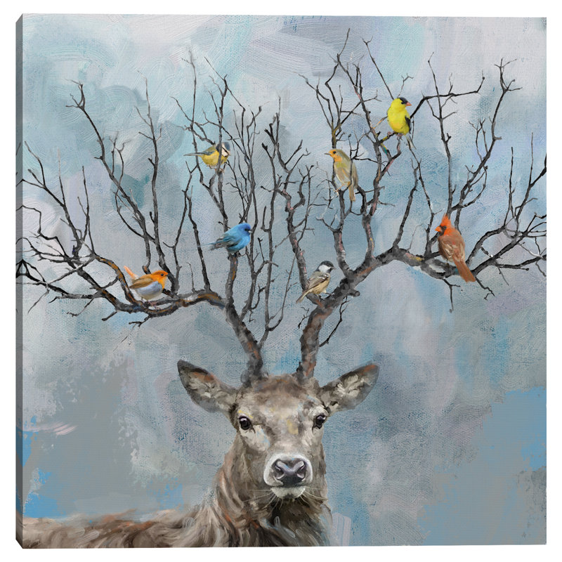 «Nearest & Dearest» par Studio Arts - impression d'art sur toile, cerf avec oiseaux, H 30 po x l 30 po x P 1,5 po