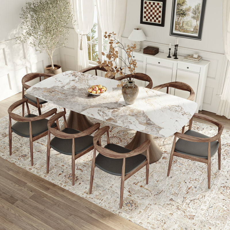 Table de salle à manger Anjelyn, H 29,53 po x L 93,7 po x l 43,31 po, Ivoire veiné