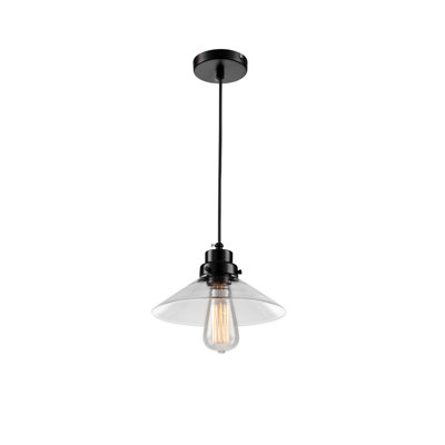 Luminaire suspendu 1 lumière noir avec abat-jour en verre transparent