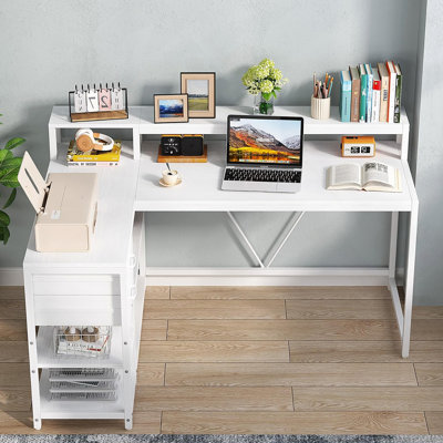 55-Inch L-Shaped Home Office Desk With Monitor Riser, Drawers, And Storage Shelves For Small Spaces, Farmhouse Writing Table