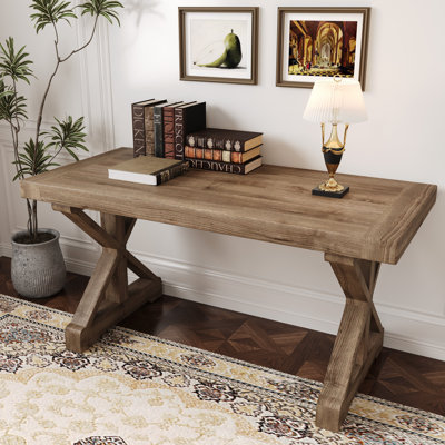 Farmhouse Computer Desk In Natural With Trestle Base Wooden Office Desk by Rosalind Wheeler