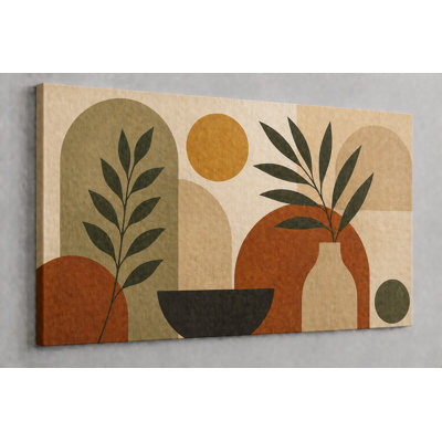 Large Mid Century Abstract Botanical Canvas Wall Art 24x36 Inch Geometric Shapes and Leaves Painting Neutral Modern Artwork for Living Room Bedroom Office Decor - Ready to hang