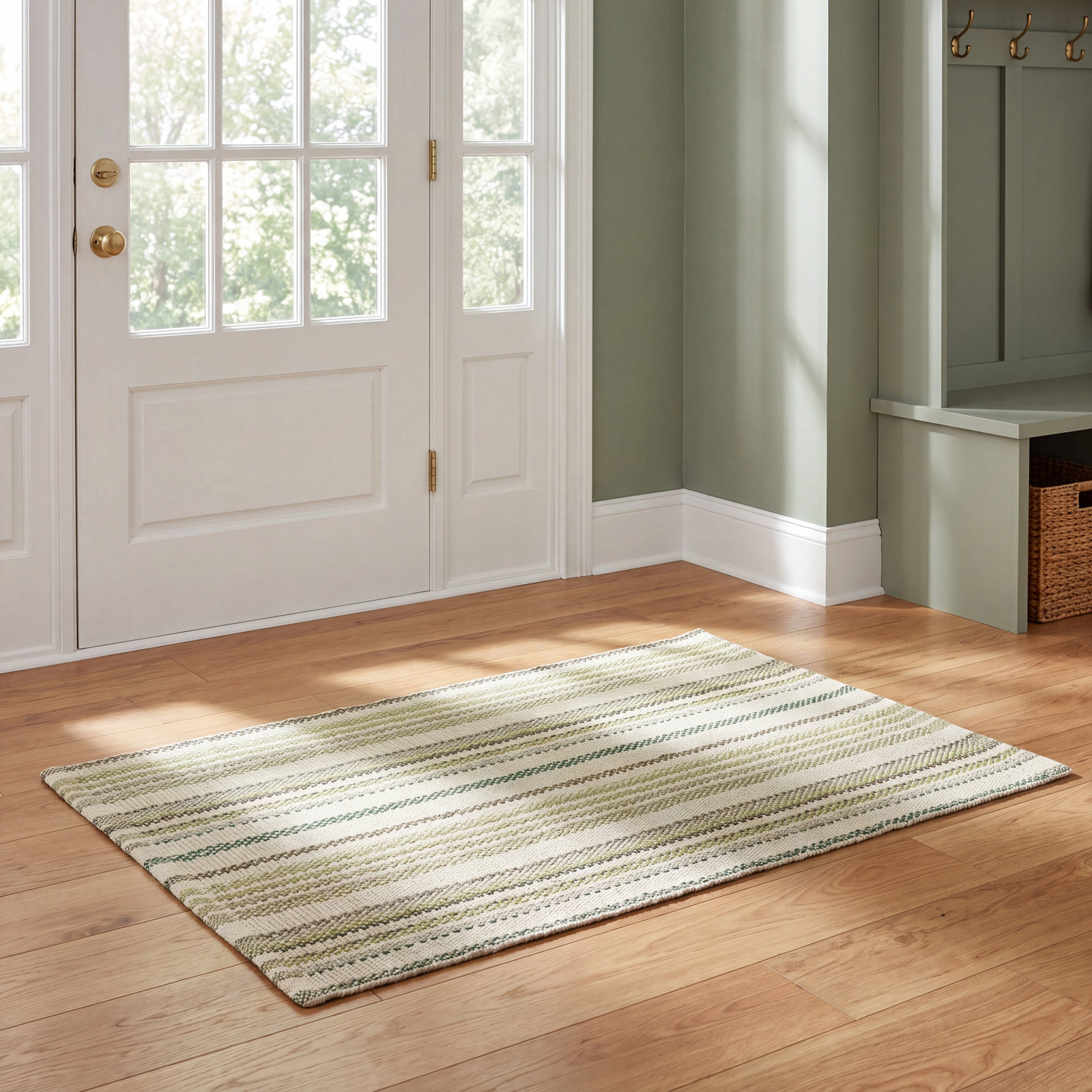 Oslo Green Hand-Woven Striped Cotton Rug, Rectangle 2' x 3'