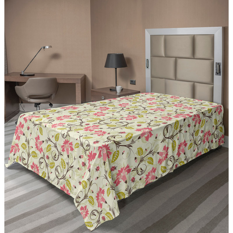Ambesonne Top Flat Sheet Curving Art, Twin XL Flat Sheet, Pale Green/Pink Floral