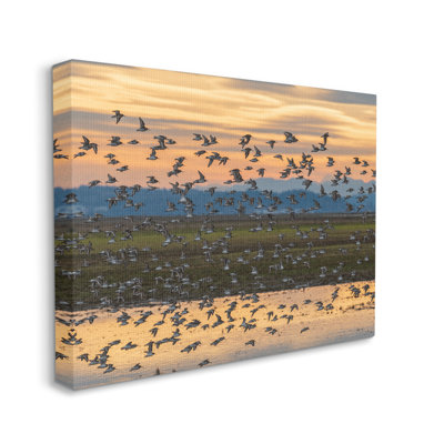 " Flock Of Birds Flying Lake Reflection Orange Sunset " by Nancy Crowell Painting Print