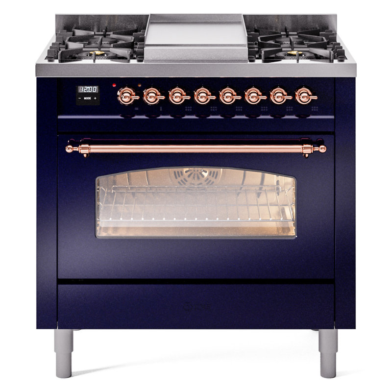 ILVE Nostalgie II Series 36 inch Dual Fuel Range with 6 Burners, Griddle (Glass Door), Midnight Blue/Copper, Liquid Propane