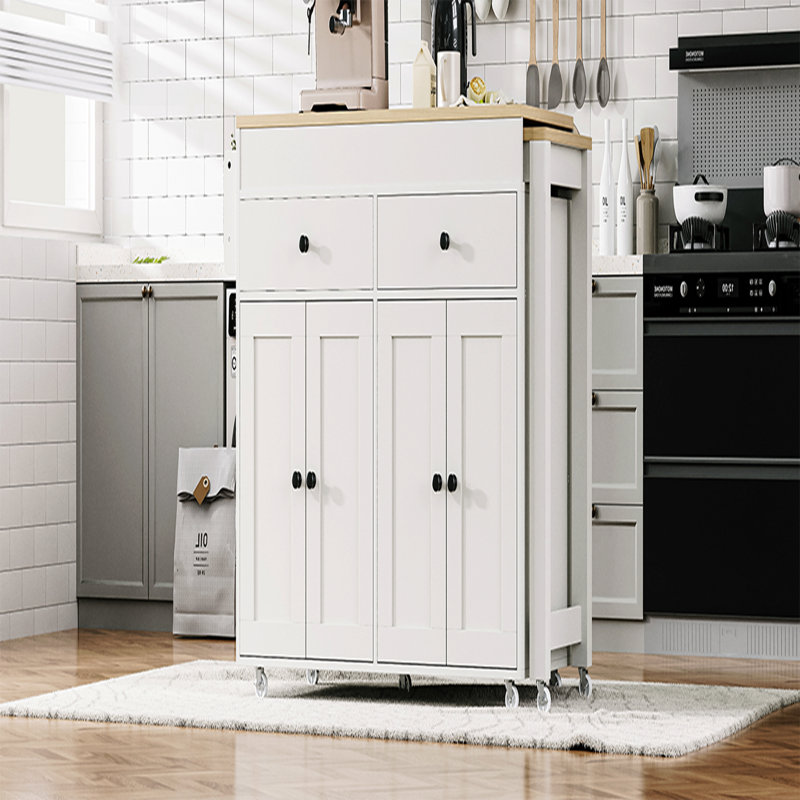Îlot de cuisine 74,5 pouces avec table de salle à manger extensible, îlot de cuisine sur roulettes avec support à épices et 2 tiroirs, chariot de rangement de cuisine avec armoire à 4 portes