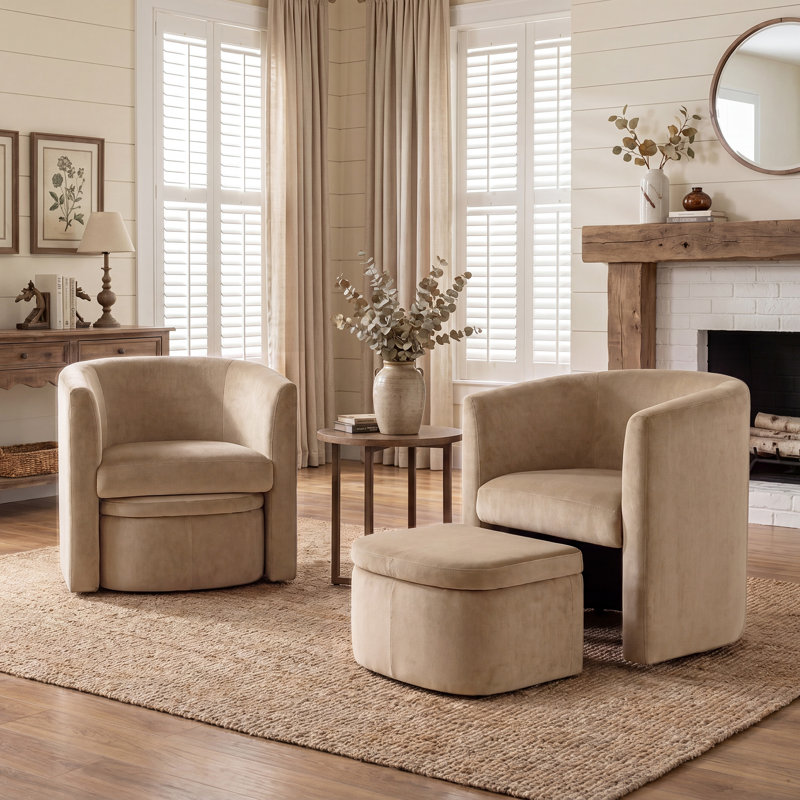 Kyah Upholstered Barrel Chair with Footstool, Brown Velvet