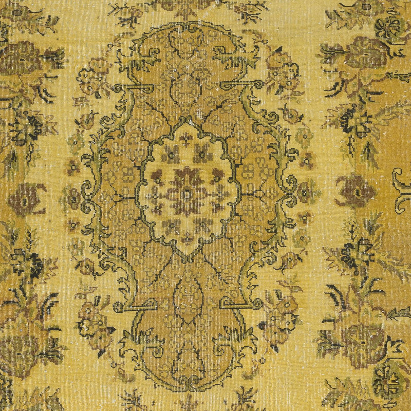 Tapis turc contemporain fait à la main 6,6 x 10,6 pi avec motif de médaillon et fond jaune